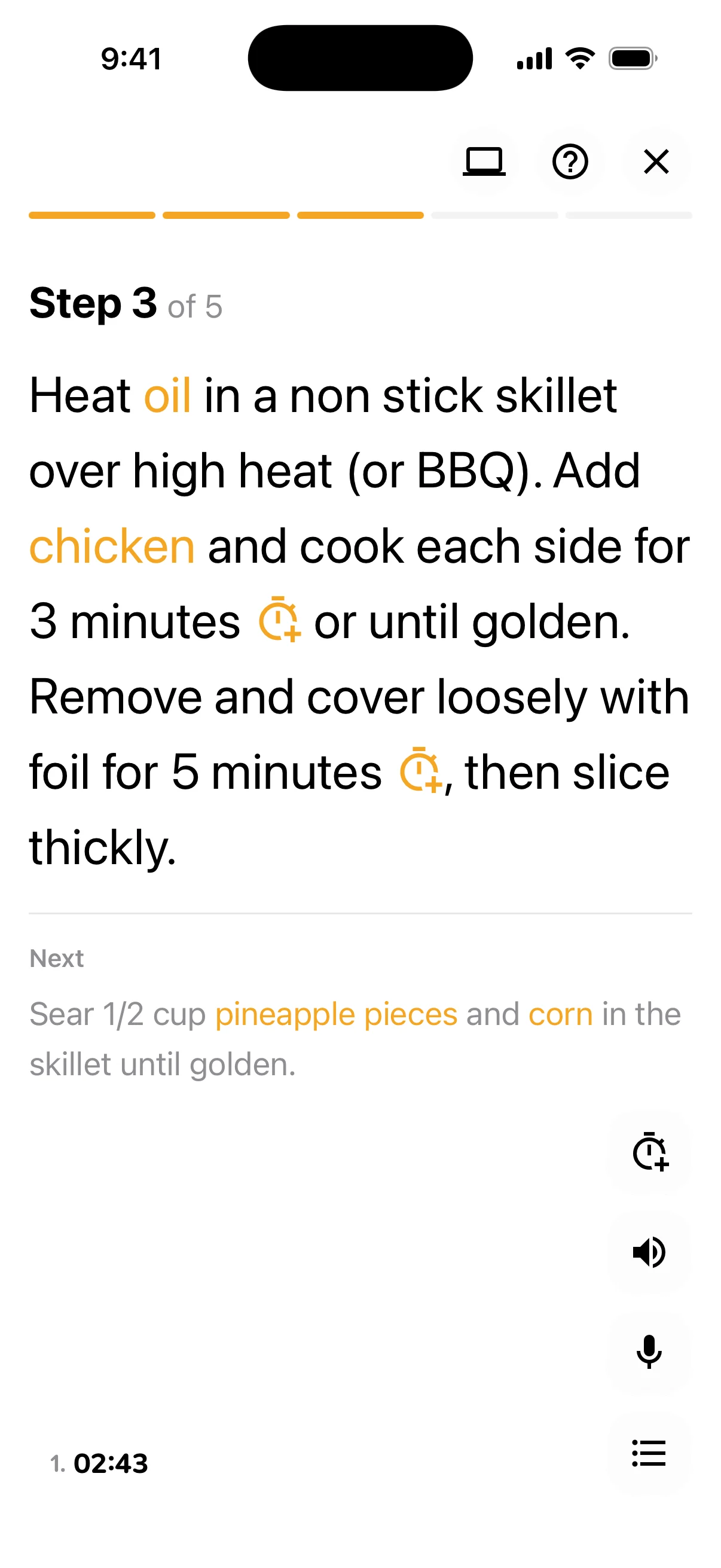 Cooking mode on step 3 of 5, with chicken and oil highlighted and a 3 minute timer running