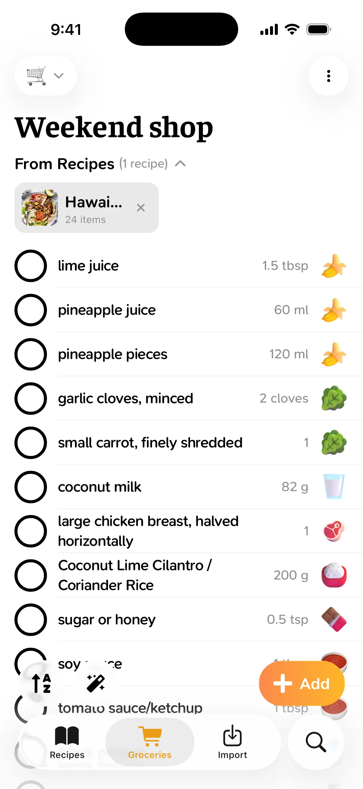 A grocery list called Weekend shop, filled from the Hawaiian Chicken Salad recipe: lime juice, pineapple, garlic, carrot, coconut milk, chicken breast and more