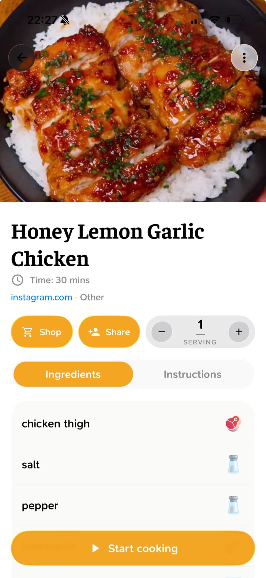A saved recipe in CookinBuddy, with the ingredients pulled out of the post into a list you can scale and shop from